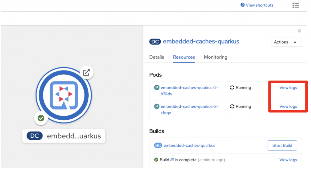 The two pods are shown in OpenShift's topology view.