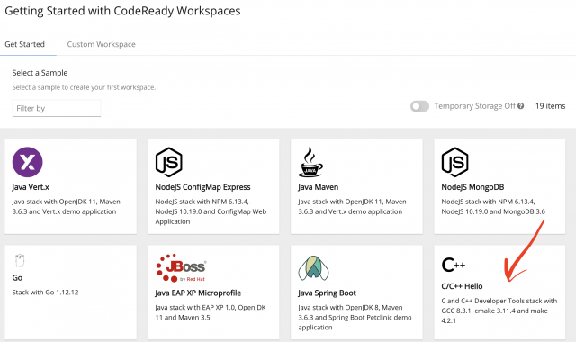 The CodeReady Workspaces Getting Started page lists available workspaces, including any that you've created.