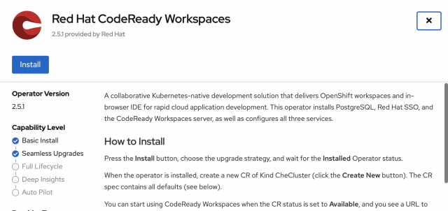 The dialog to install the CodeReady Workspaces Operator.