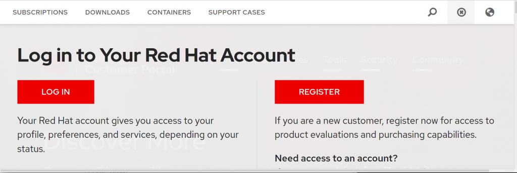 Users may log in or register for access to the Red Hat Customer Portal.