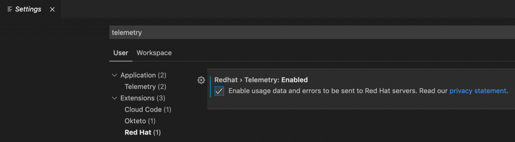 In the extension's settings, the checkbox is clicked to enable usage data to be sent to Red Hat.