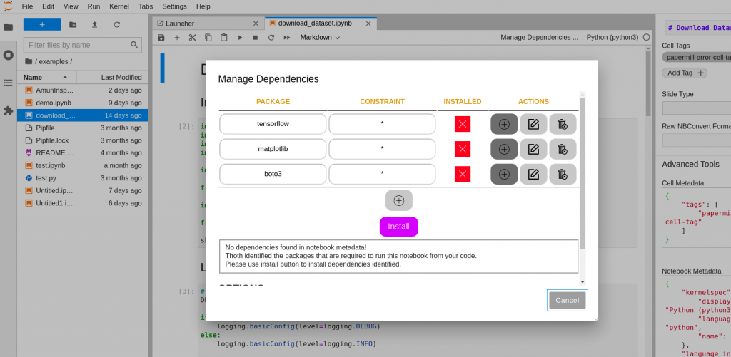 There are no dependencies in the notebook metadata, but the extension identifies three packages to be installed.