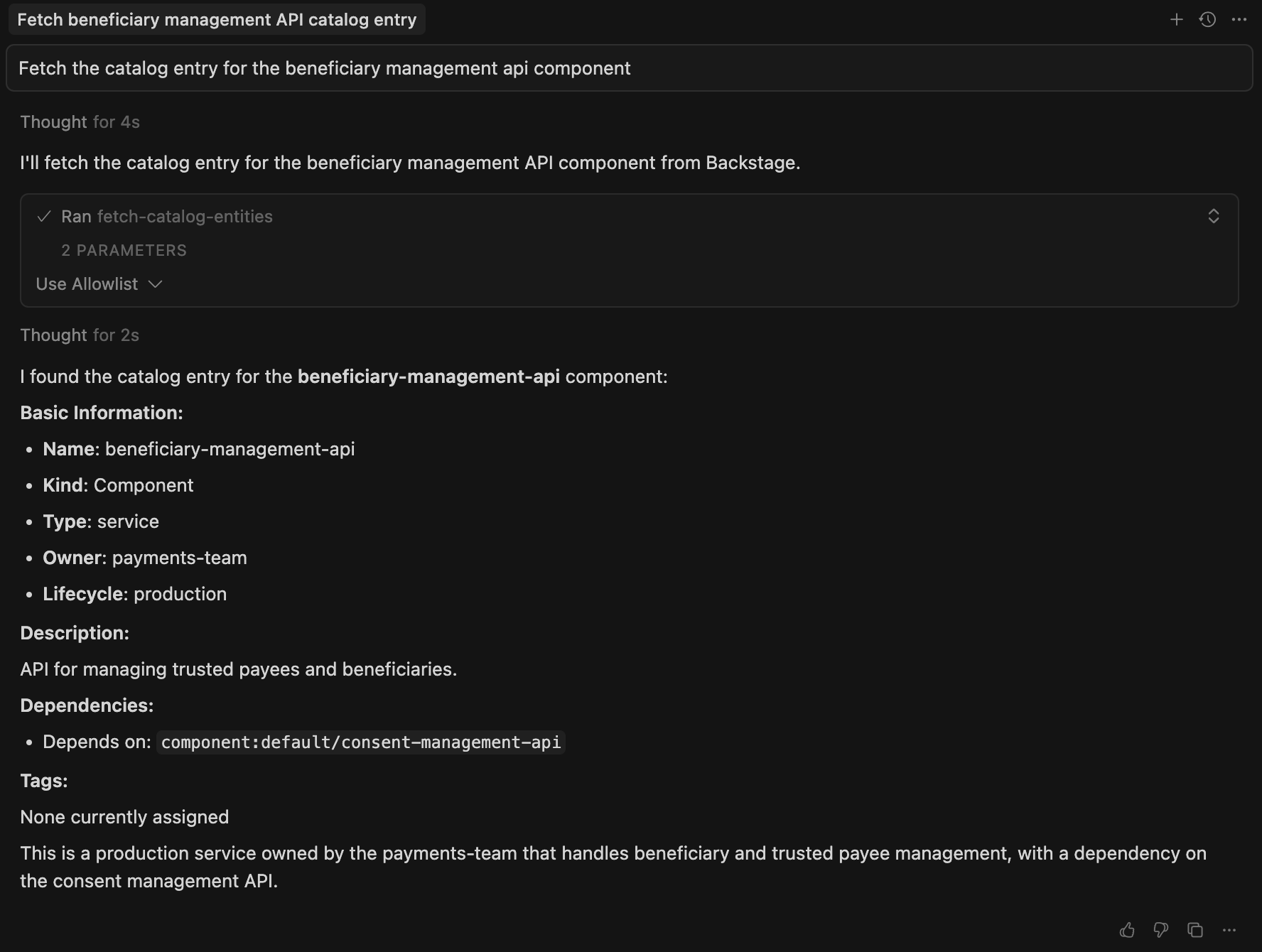 An AI application executing the query "Get information about the `beneficiary-management-api` component". It found and returned a single component matching that name.