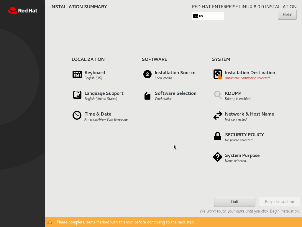 RHEL 8 Config Screen