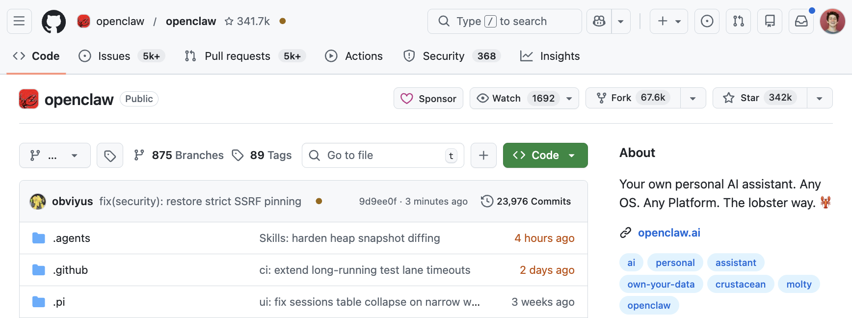 GitHub repository page for openclaw showing over 341,000 stars and a recent security commit to restore strict SSRF pinning.