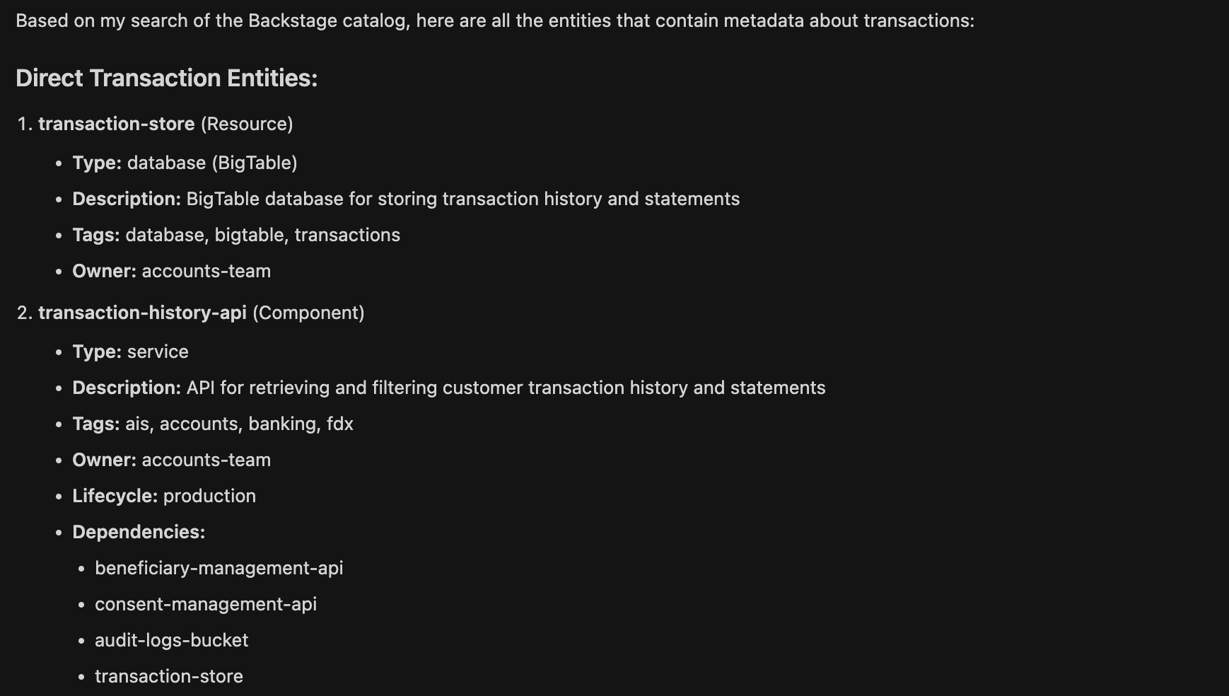 An AI application executing the MCP tool, returning entities that match the word "transaction."