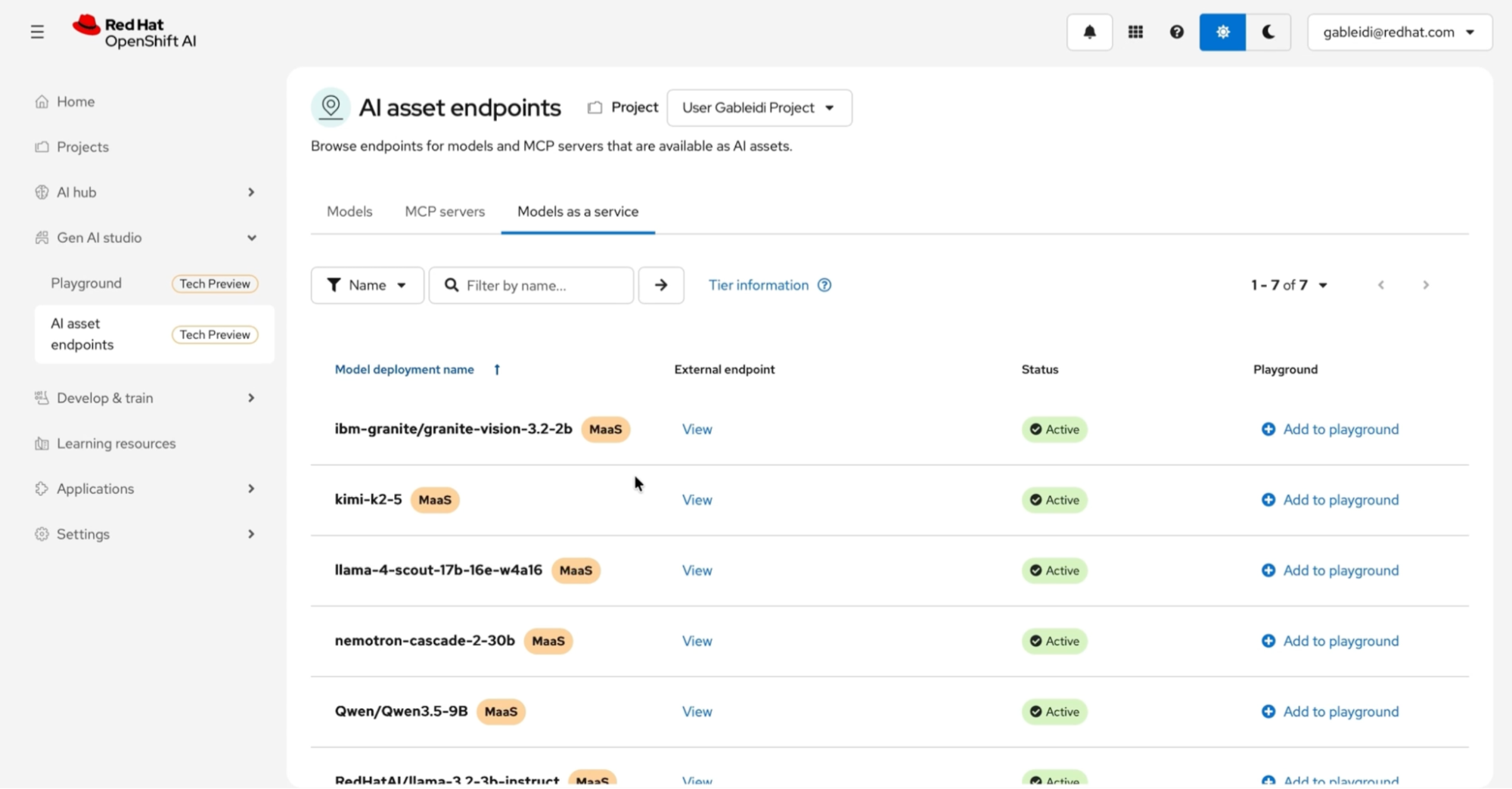 Red Hat OpenShift AI dashboard showing a list of AI asset endpoints for active models deployed as a service.