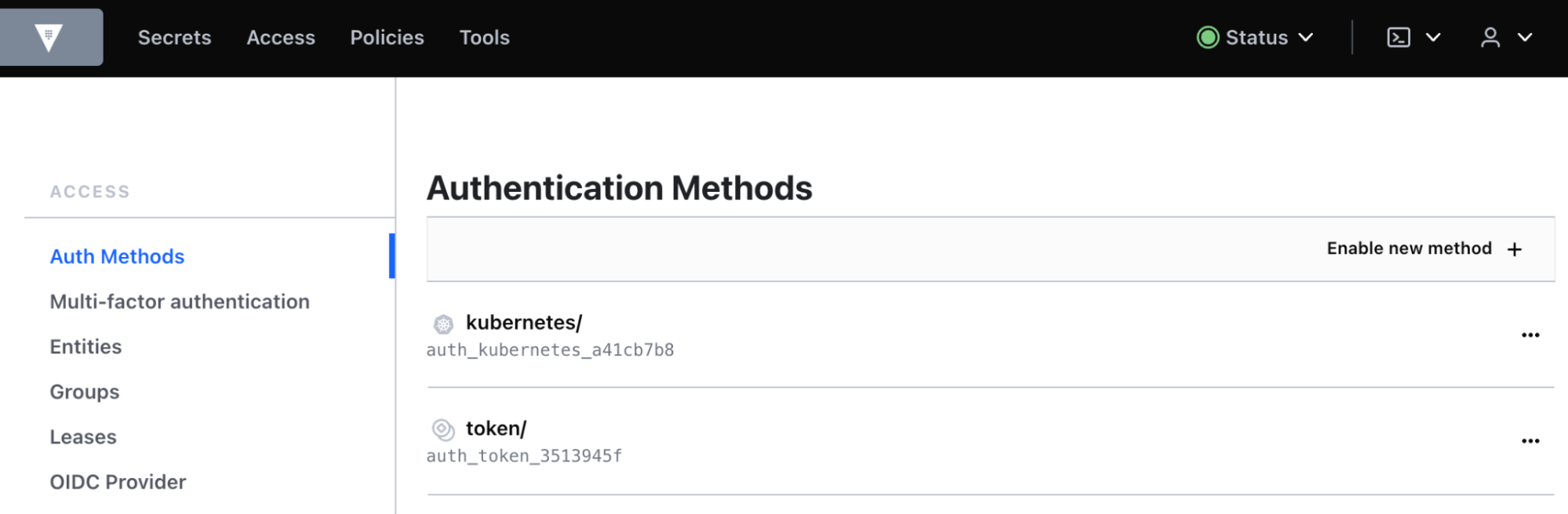 HashiCorp Vault interface showing authentication methods for Kubernetes and tokens under the Access tab.