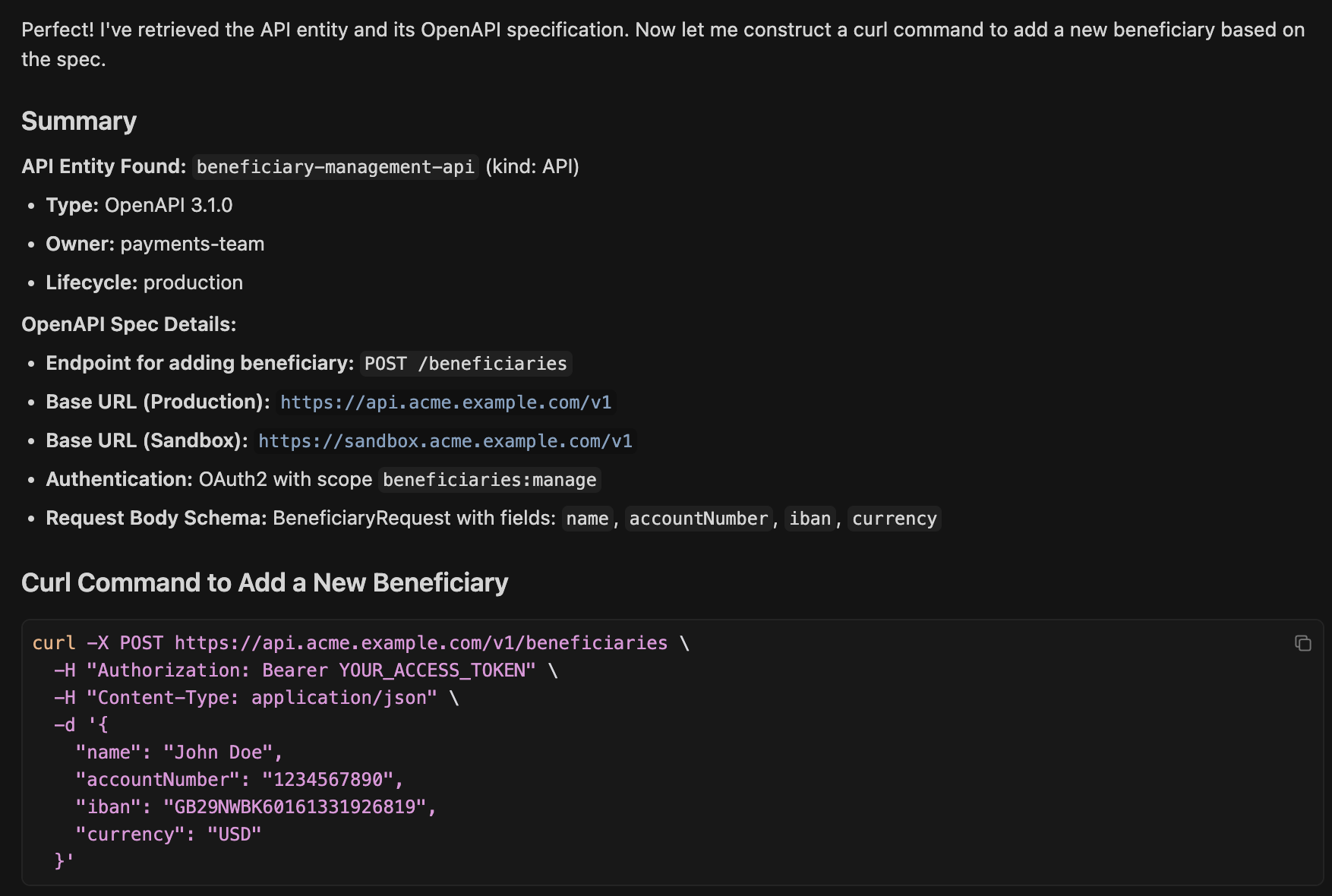 The result of the query, with the AI application summarizing the API specification, and providing an example curl command to run.