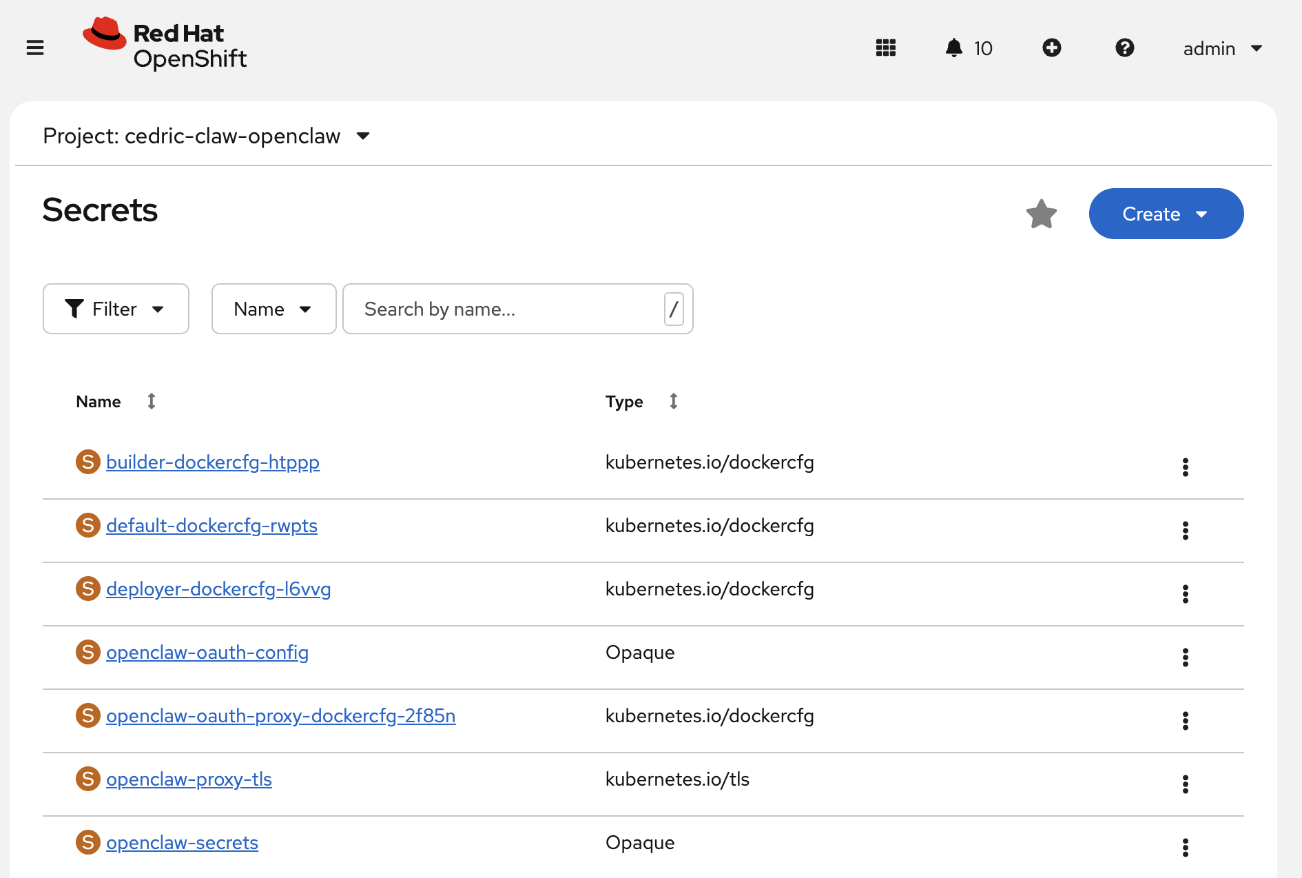 Red Hat OpenShift web console showing a list of secrets, including openclaw-secrets and oauth-config, for a specific project.