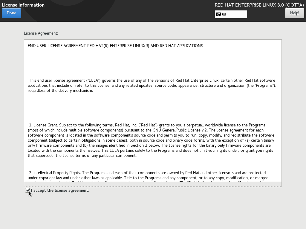 RHEL 8 Install Accept License