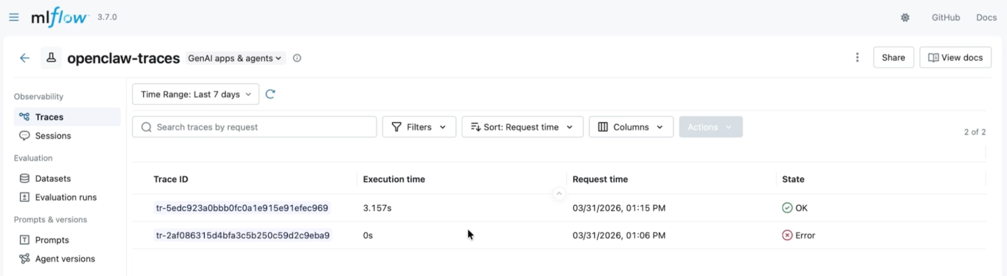 MLflow traces table displaying Trace ID, execution time, request time, and state for two specific openclaw-traces.