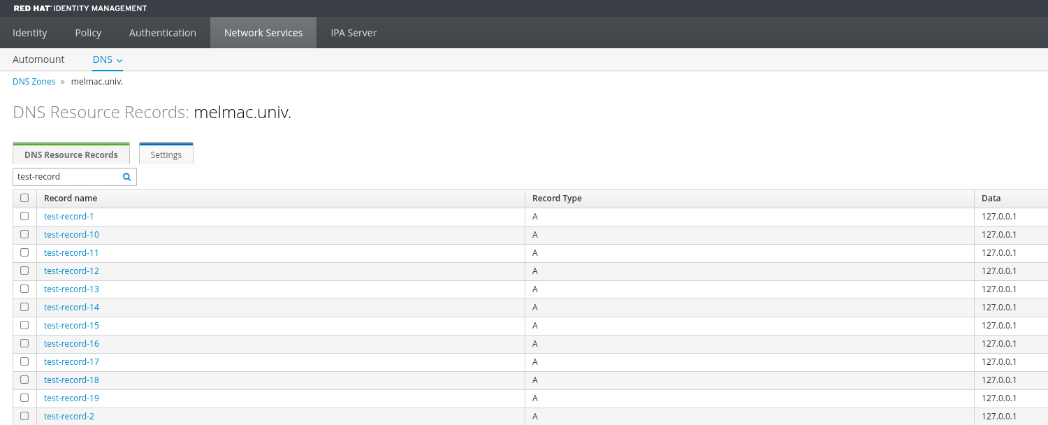 Test resource records created in the IdM DNS zone.