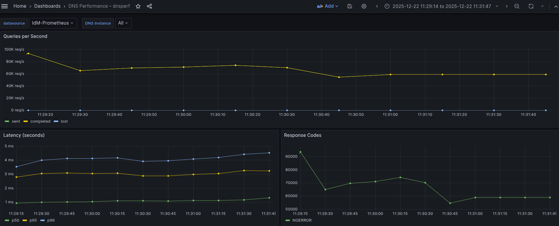 Grafana displays the results of DNS tests with TCP