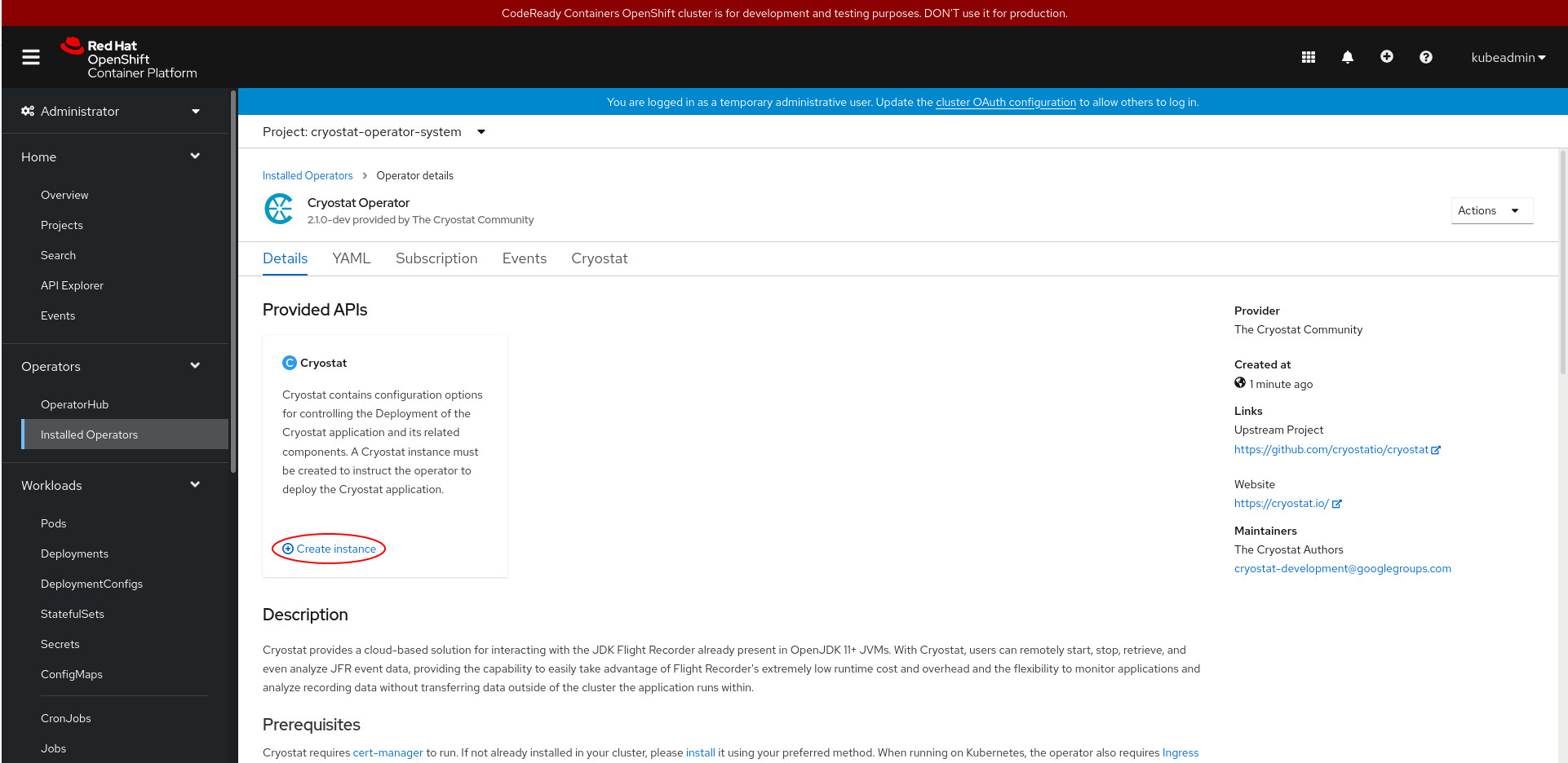 The Cryostat Operator page under Installed Operators on the Openshift web console, with Create instance highlighted.