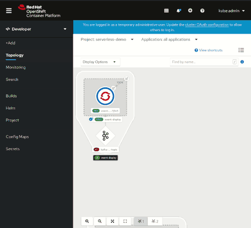 A demonstration of binding a Kafka event source to a Knative service in the OpenShift Developer perspective.