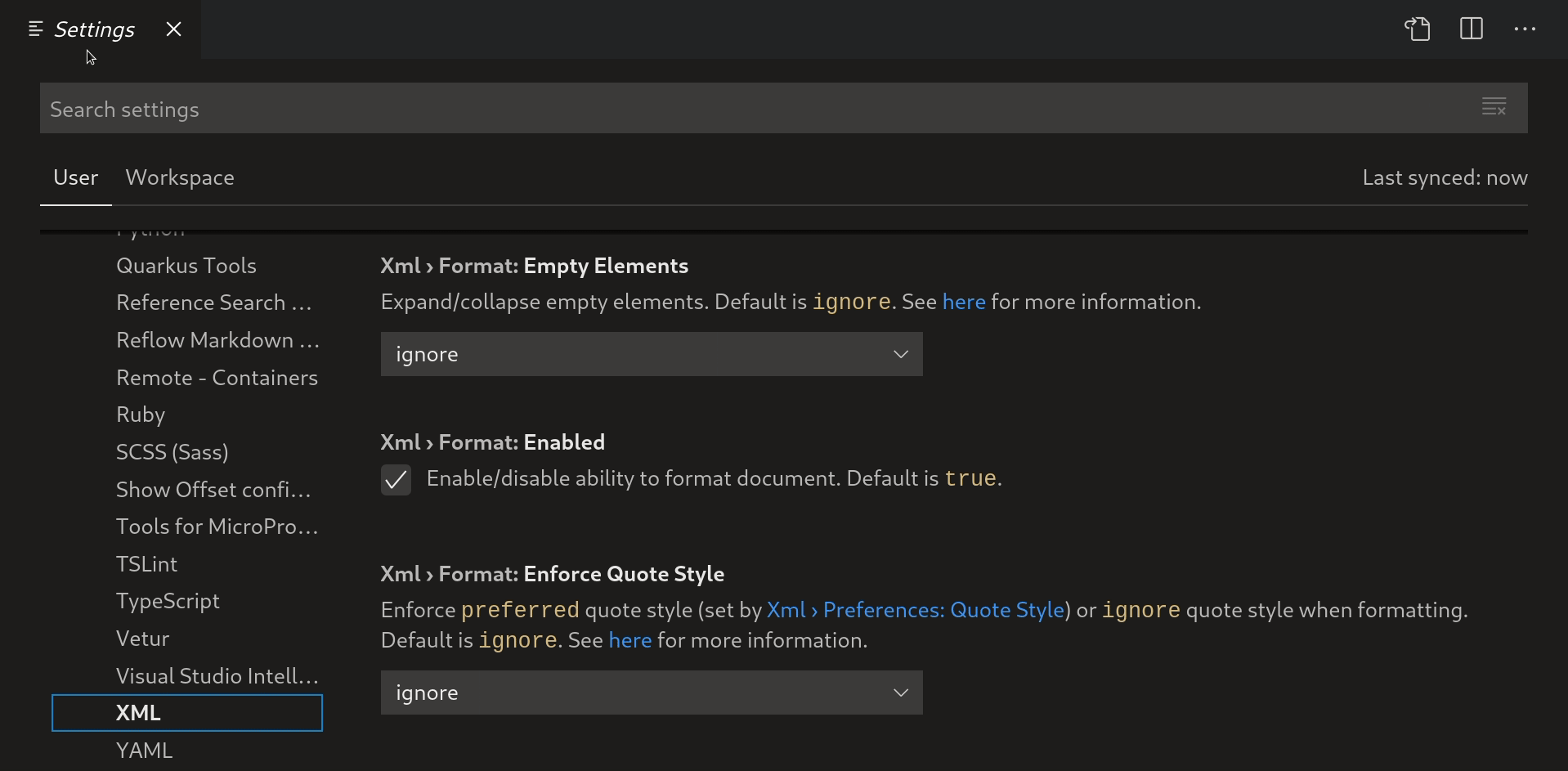 There is a link in the description of the Empty Elements XML formatting option in the VS Code settings page. Clicking on it navigates to the related section in the XML Documentation, which provides a more detailed description of the option, along with examples.