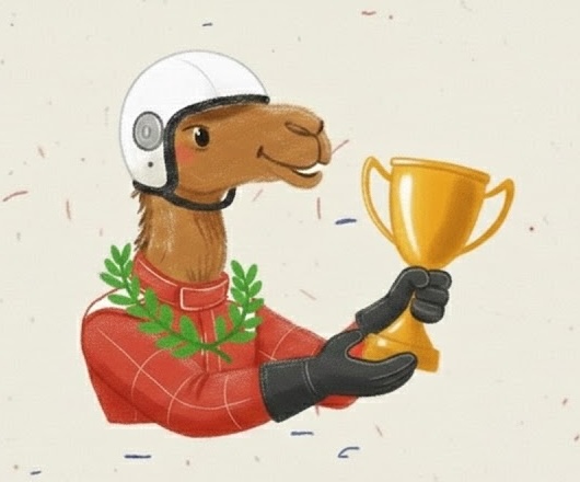 Camel holding racing trophy