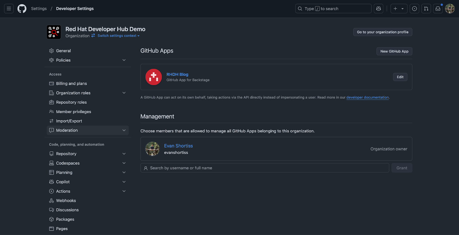 The GitHub App listing in the Developer Settings screen of the GitHub Organization.