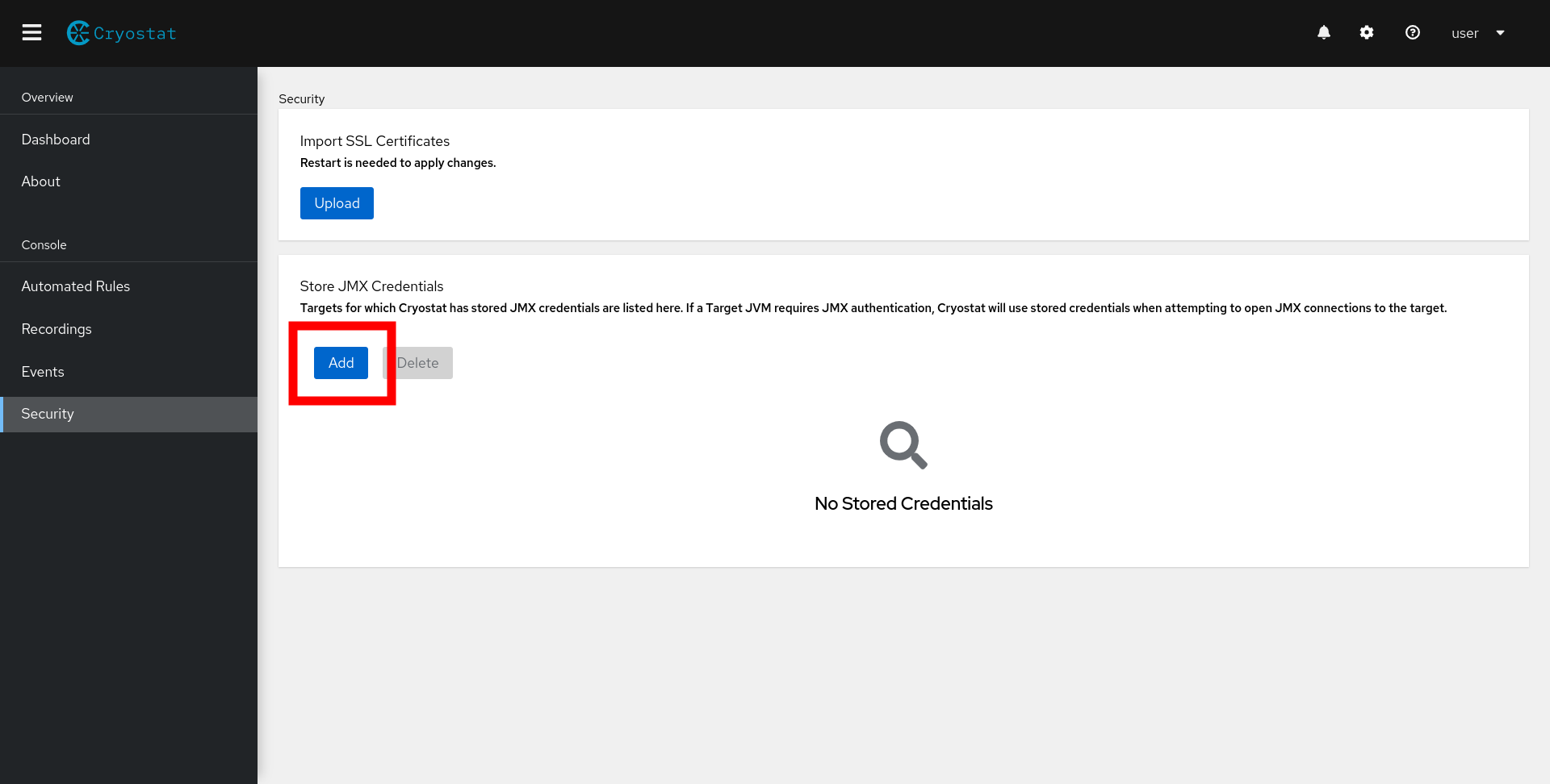 An empty Stored JMX Credentials table on the Security tab in the Cryostat web UI. 