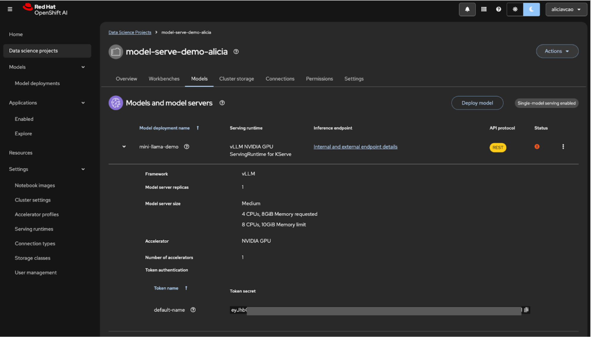 View of the Models tab within your project view of OpenShift AI showing a deployed model.