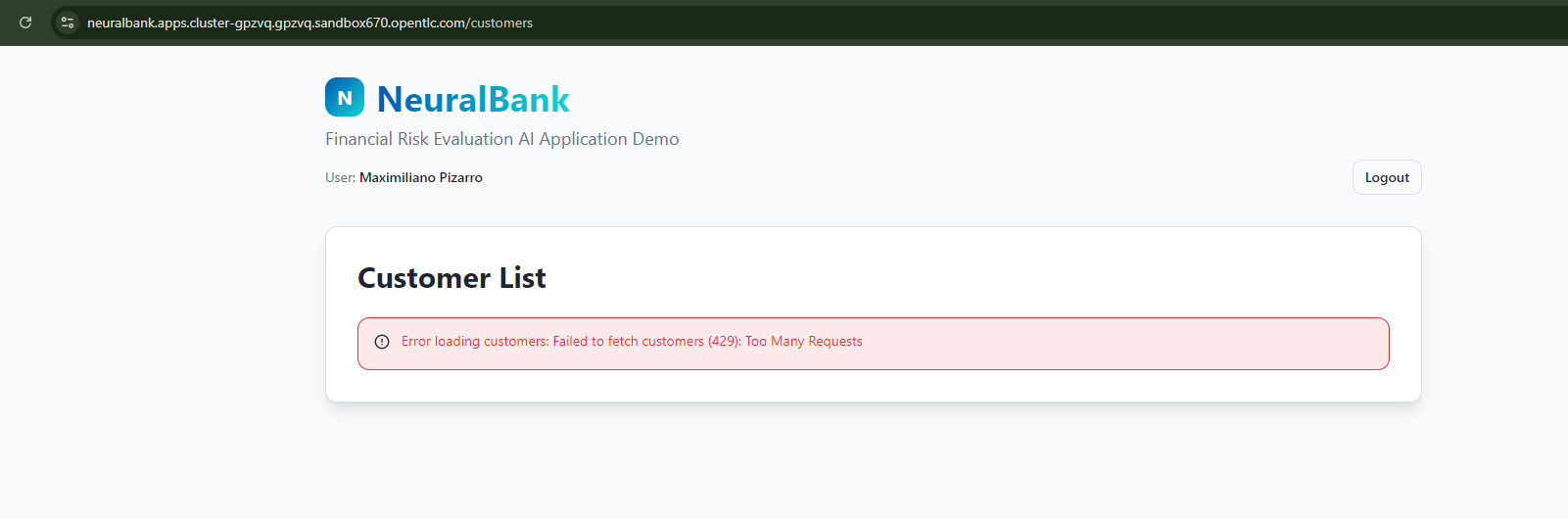 NeuralBank demo application showing an error message: Failed to fetch customers (429): Too Many Requests, due to an enforced rate limiting policy.