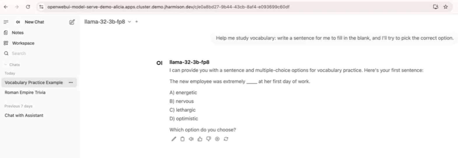 Screenshot of Open WebUI chat interface displaying an example user interaction.