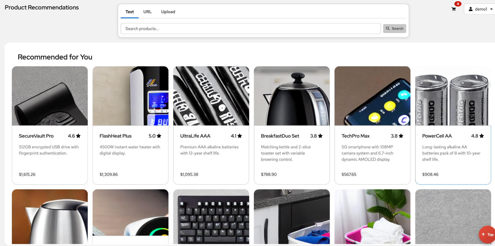A screenshot of the Product Recommender web application showing a personalized "Recommended for You" section with a grid of product images and titles. At the top there is a search bar that enables text- and image-based queries.