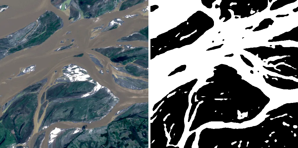 Satellite view of a river delta (left) and its corresponding binary mask with bodies of water shown in white (right).