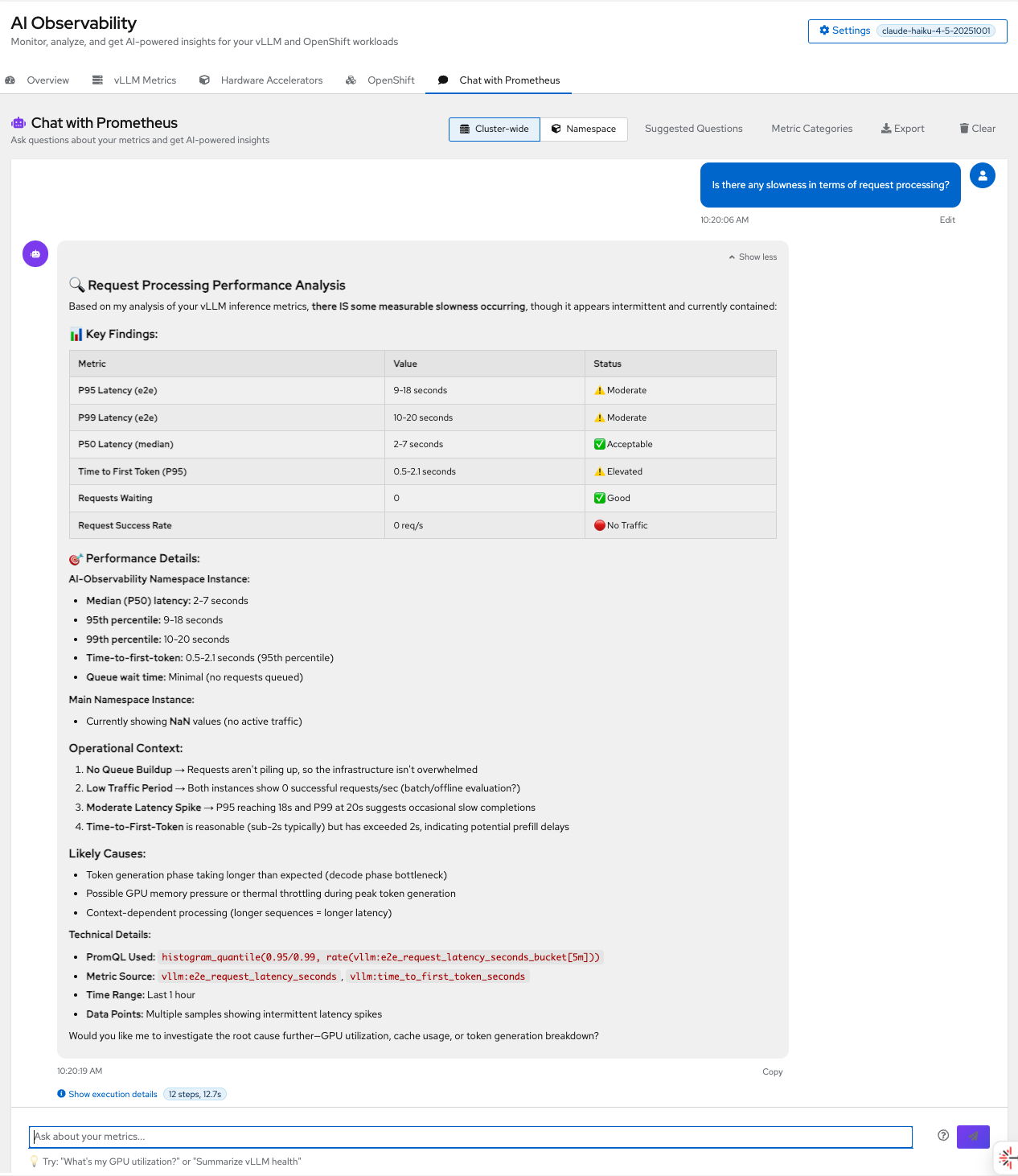 Interface for AI observability showing a chat analysis of vLLM request processing performance. A table displays moderate status for P95 and P99 latency alongside elevated time-to-first-token metrics, while the model identifies intermittent spikes and potential decode phase bottlenecks.