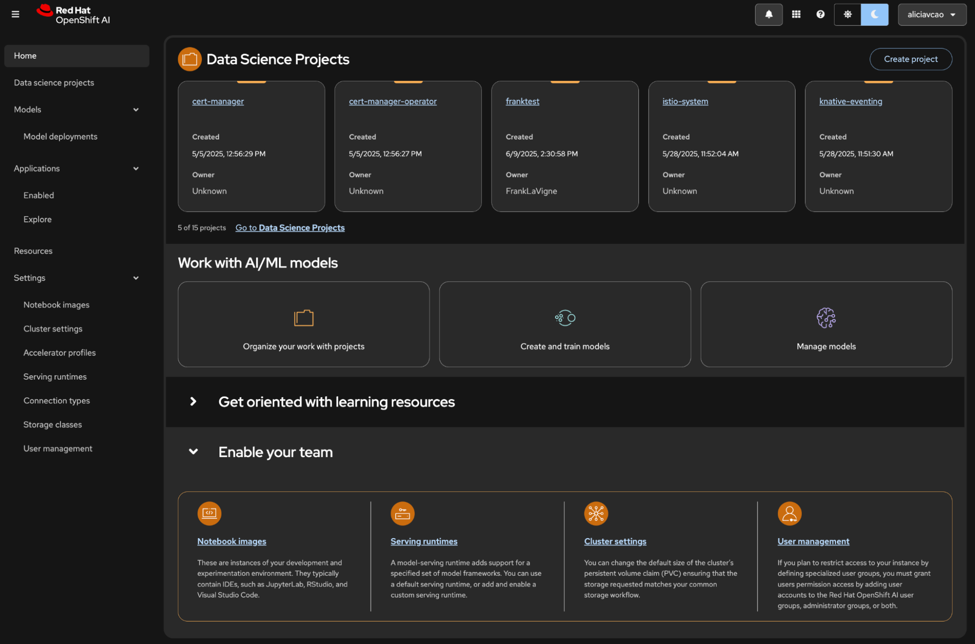 View of the OpenShift AI homepage.