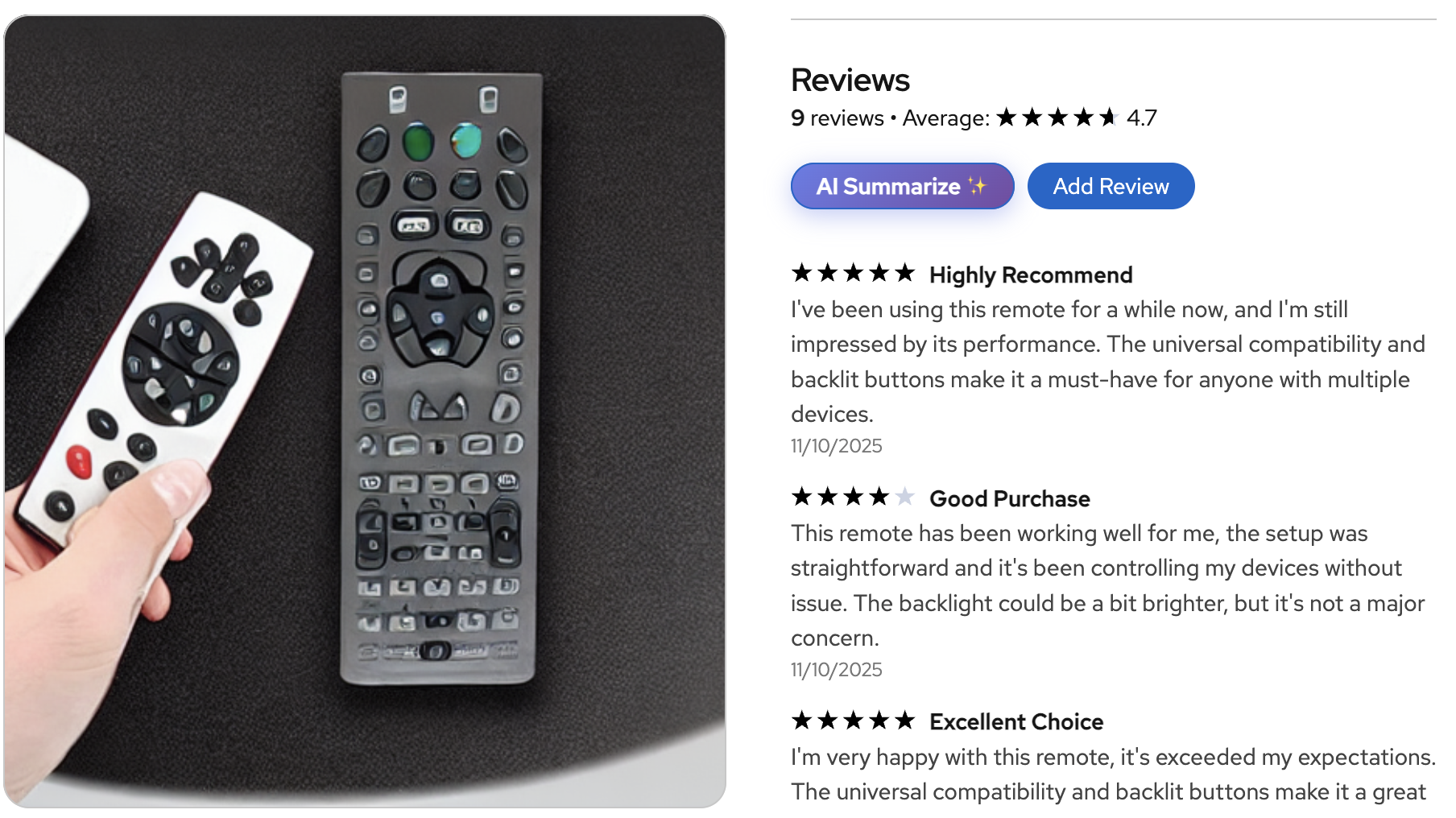 A screenshot of the product detail page for a remote control, displaying a large image on the left and a list of user ratings and reviews on the right. At the top right above the reviews is a count of the number of reviews and the averaging rating, as well as two buttons labeled 'AI Summarize' and 'Add Review'.
