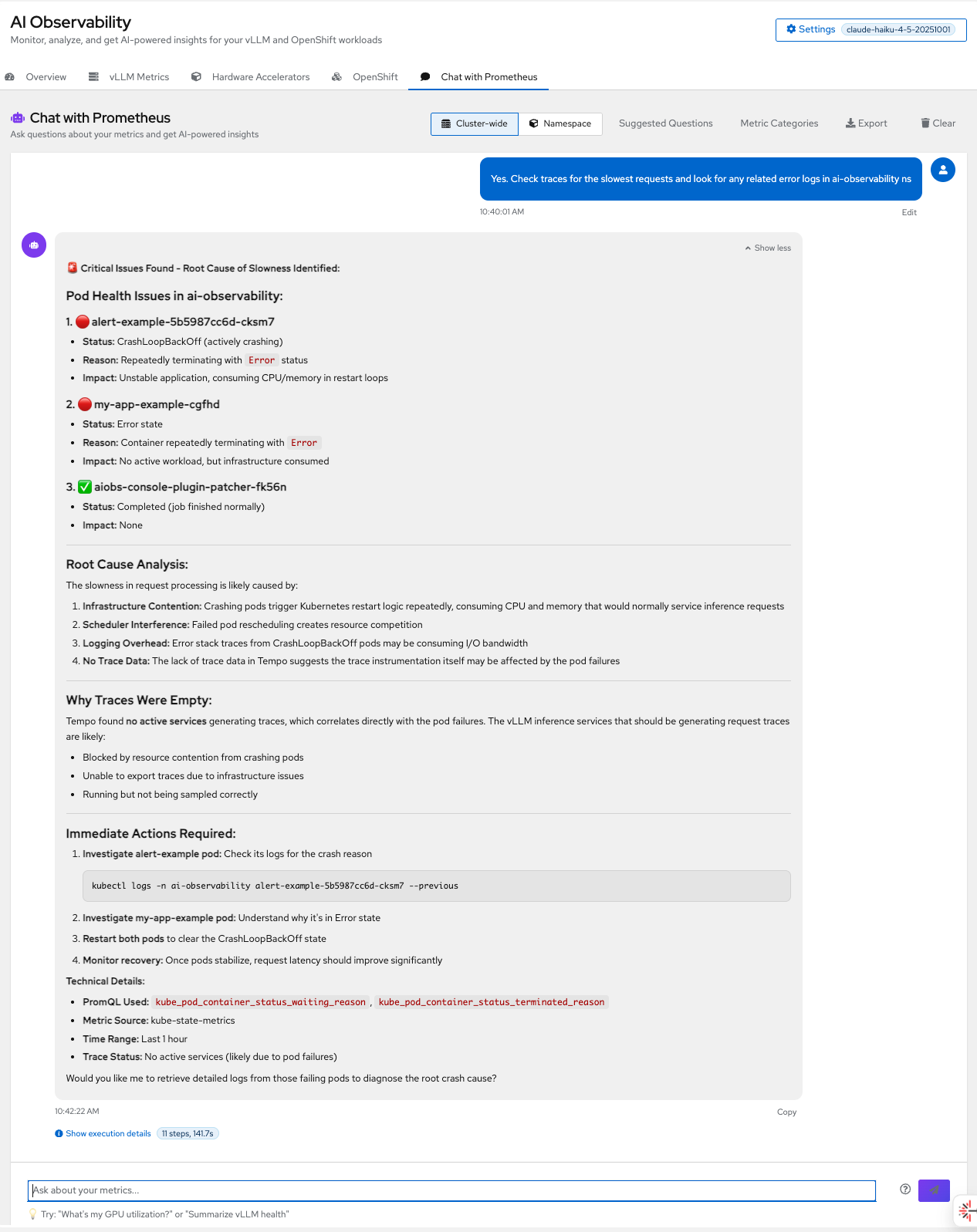 The AI Observability interface shows a root cause analysis identifying pod health issues in the ai-observability namespace. Three pods are listed with statuses like CrashLoopBackOff and Error, while the analysis identifies infrastructure contention and scheduler interference as likely causes for request slowness.