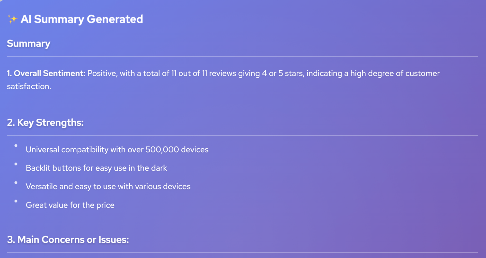 A screenshot of the "AI Summarize" feature in action, showing a concise paragraph that distills multiple user reviews into a templated summary.