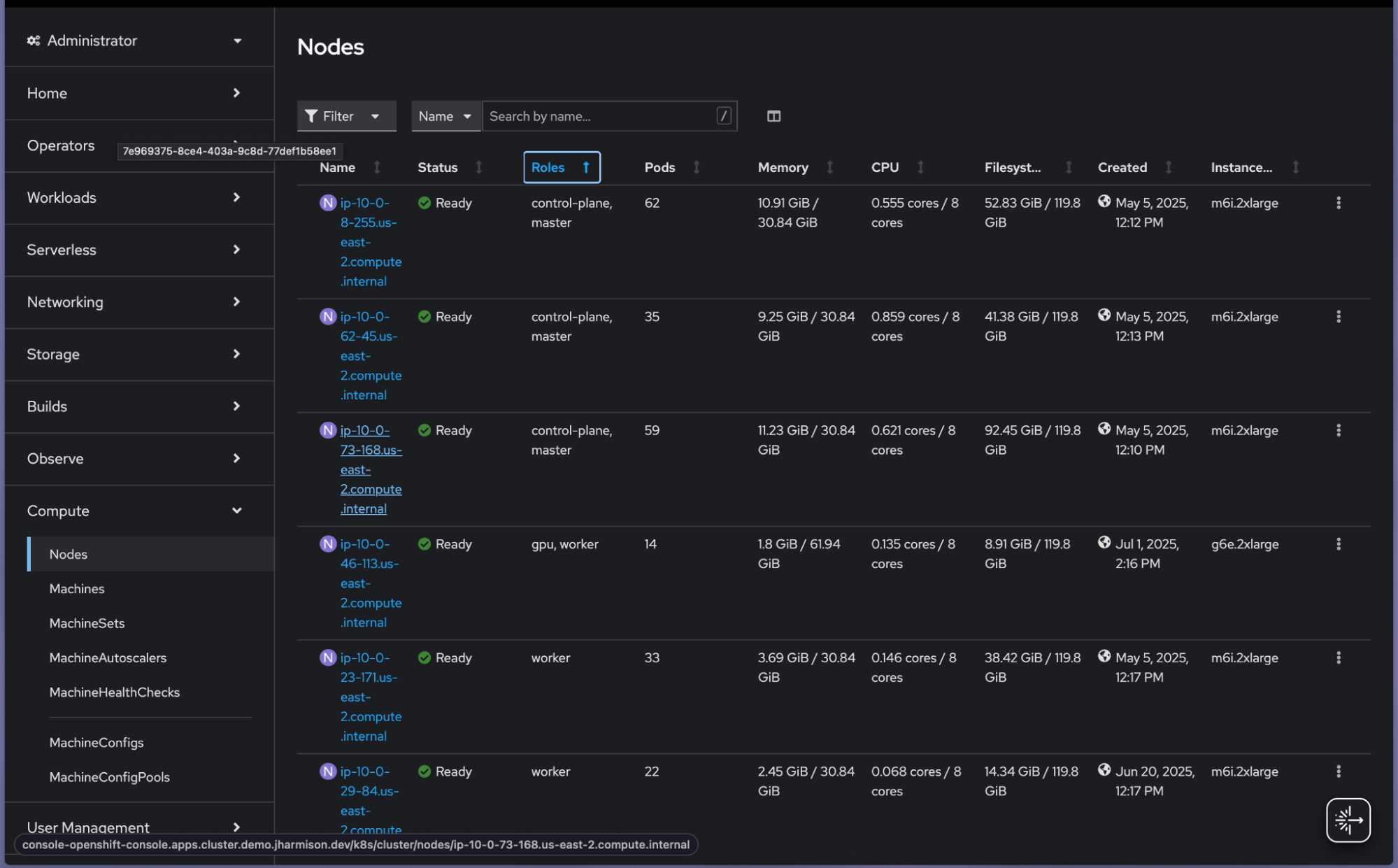 View of your nodes within your OpenShift cluster.