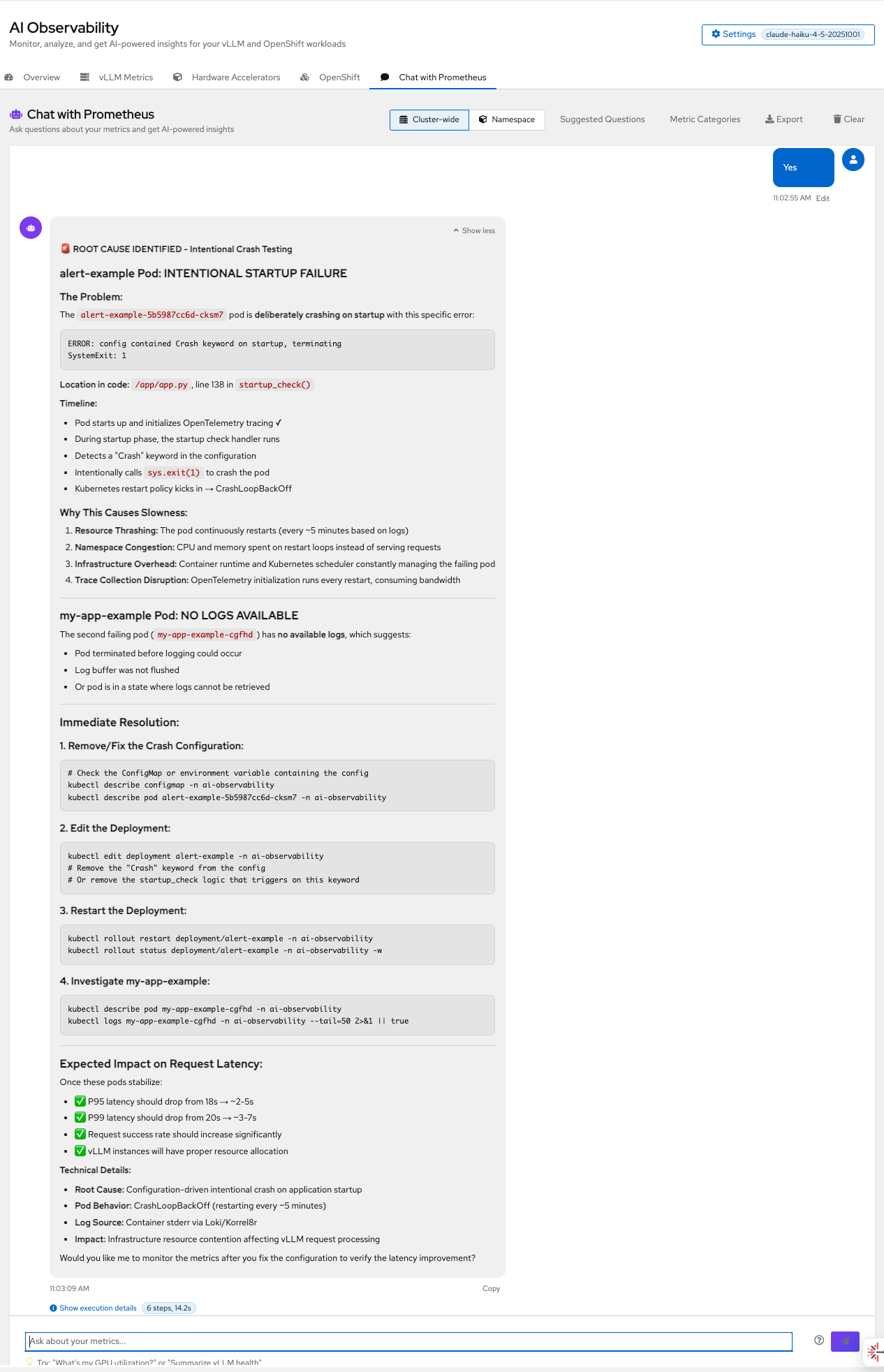 The AI Observability chat interface identifies an intentional startup failure in the alert-example pod. The analysis shows an error in the startup_check function at line 138 of app.py, leading to a CrashLoopBackOff state that causes resource thrashing and request latency.