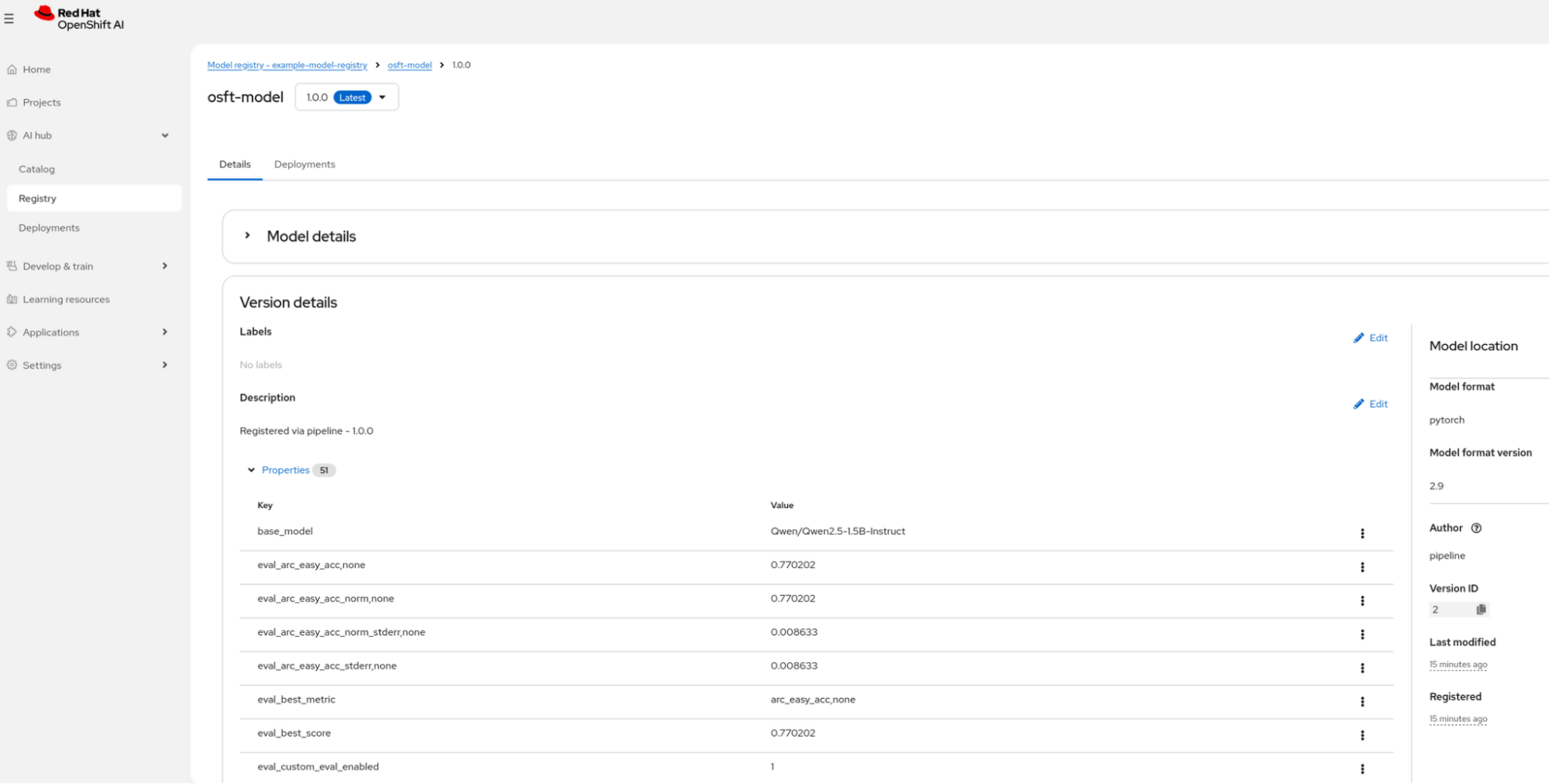Red Hat OpenShift AI model registry page showing version details and scalar evaluation metrics for the registered model osft-model.