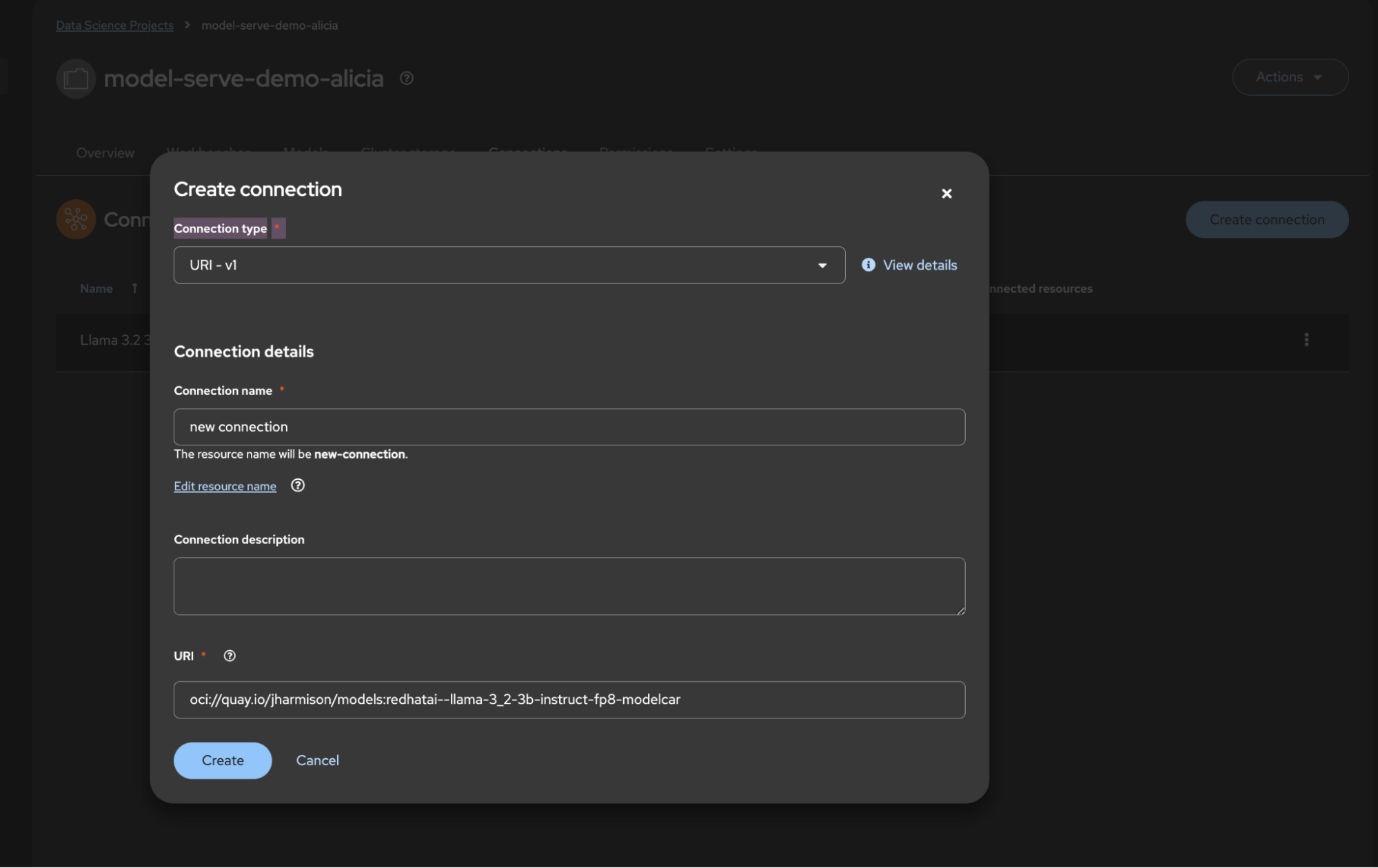 View when creating an external connection to your project using a URI connection type.
