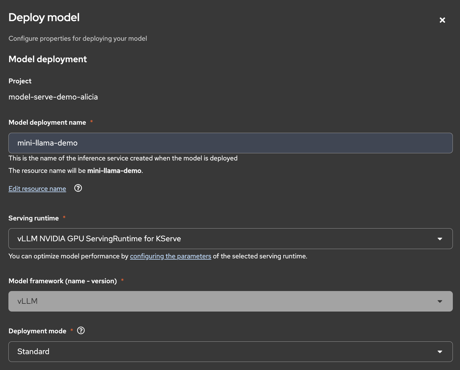 Top section of model deployment creation screen.