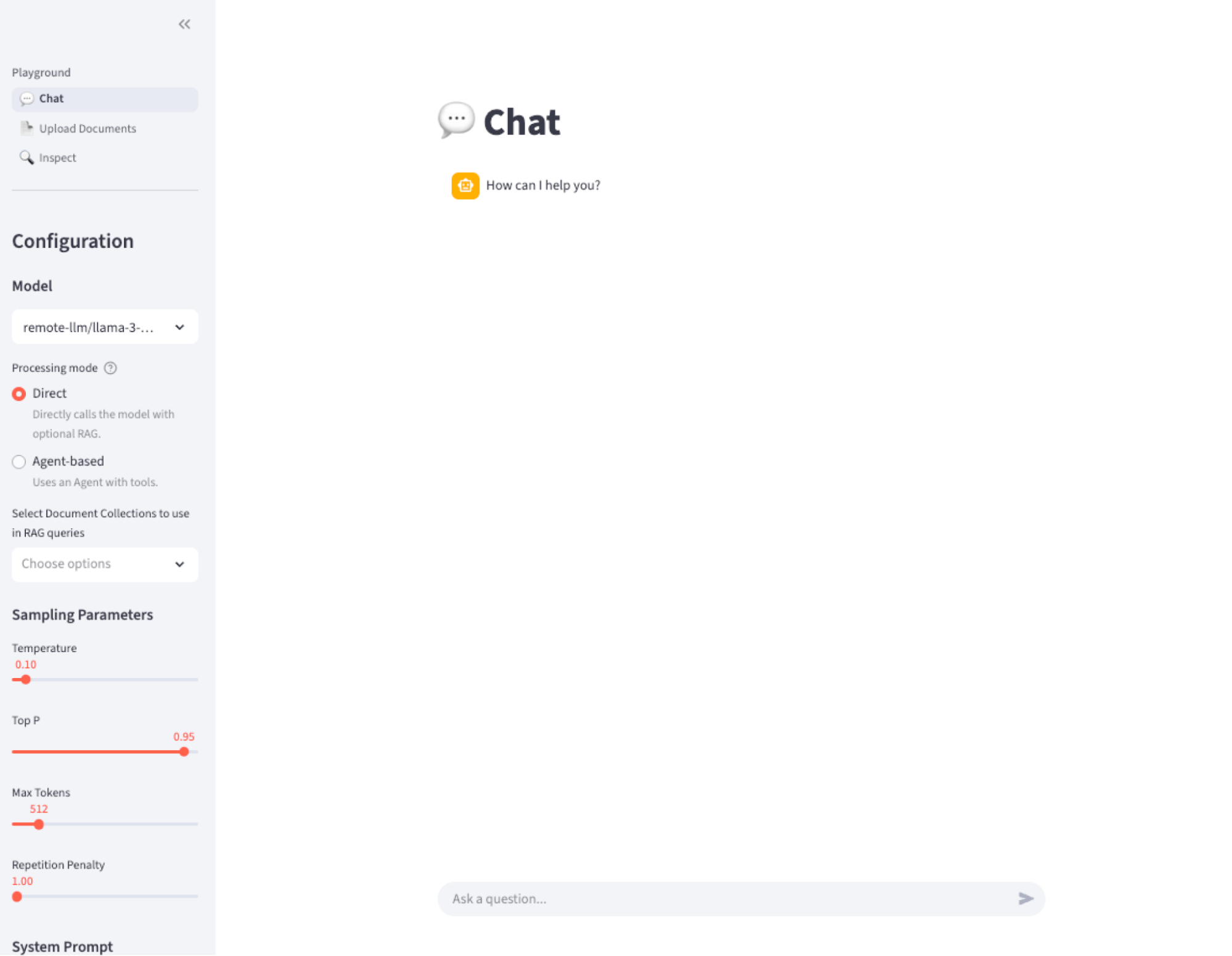 Screenshot of the chatbot interface in Red Hat OpenShift AI showing the Chat playground with a configuration sidebar for selecting models, processing modes like Direct or Agent-based, and adjusting sampling parameters.
