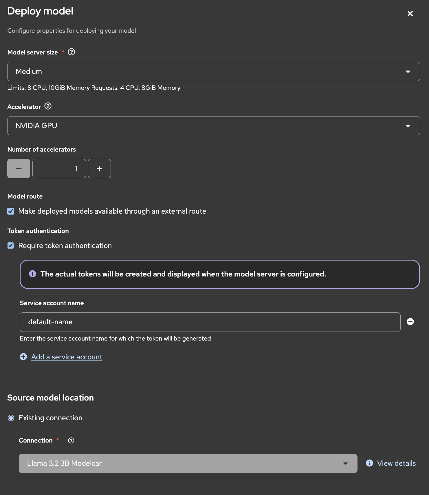 Continuation of the model deployment setup screen after scrolling down.