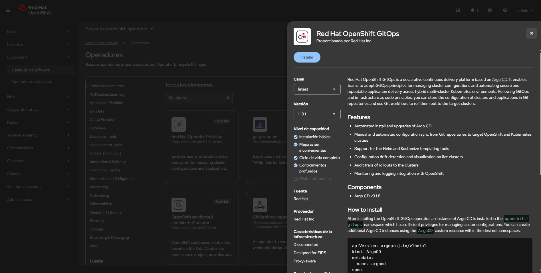 he Red Hat OpenShift GitOps operator installation screen showing version 1.13.1 and its associated features and components.