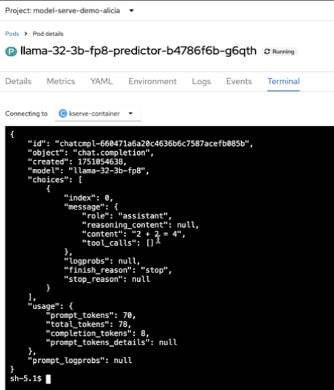 Terminal output within one of the pods in your project, confirming a successful curl request.