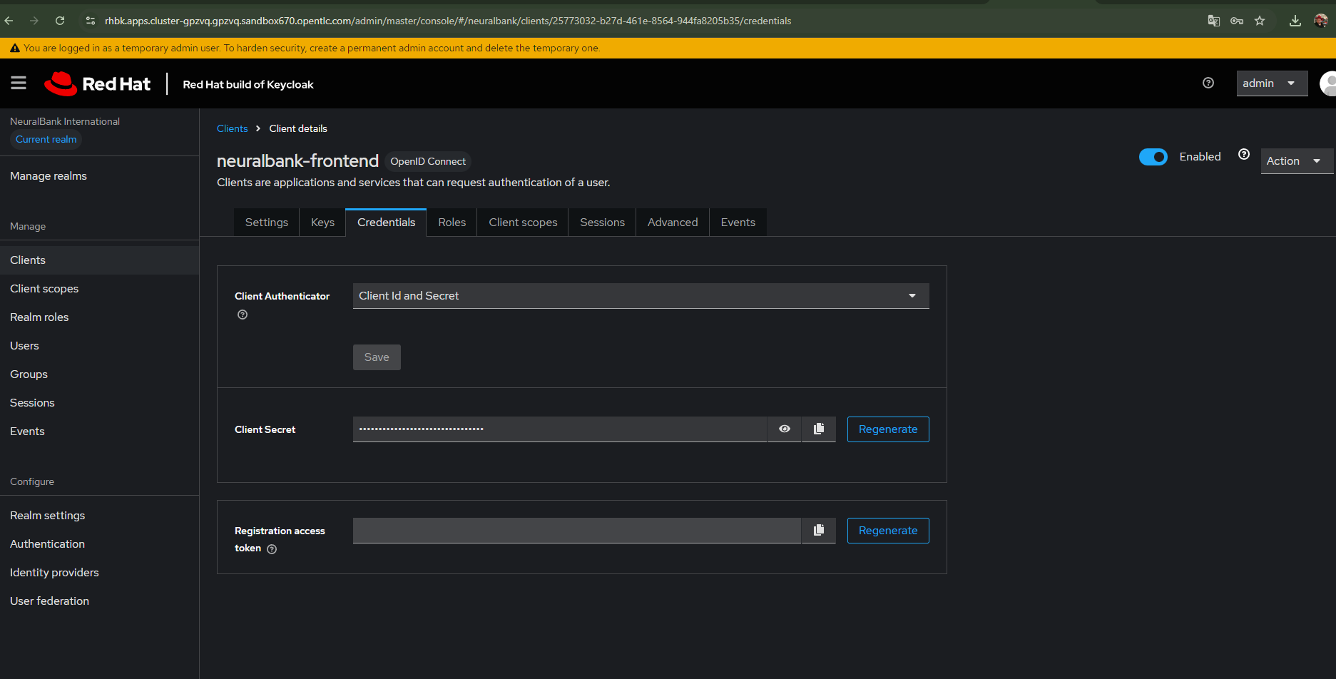 Red Hat build of Keycloak interface displaying the Credentials tab for the neuralbank-frontend client, including the Client Secret field.