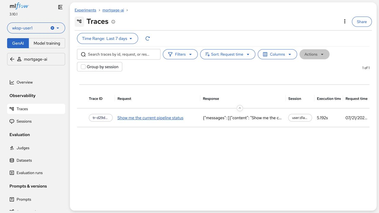 MLflow user interface displaying a list of recent distributed traces for AI agent requests. The trace list includes tracking details such as session IDs, timestamps, and total request duration times.