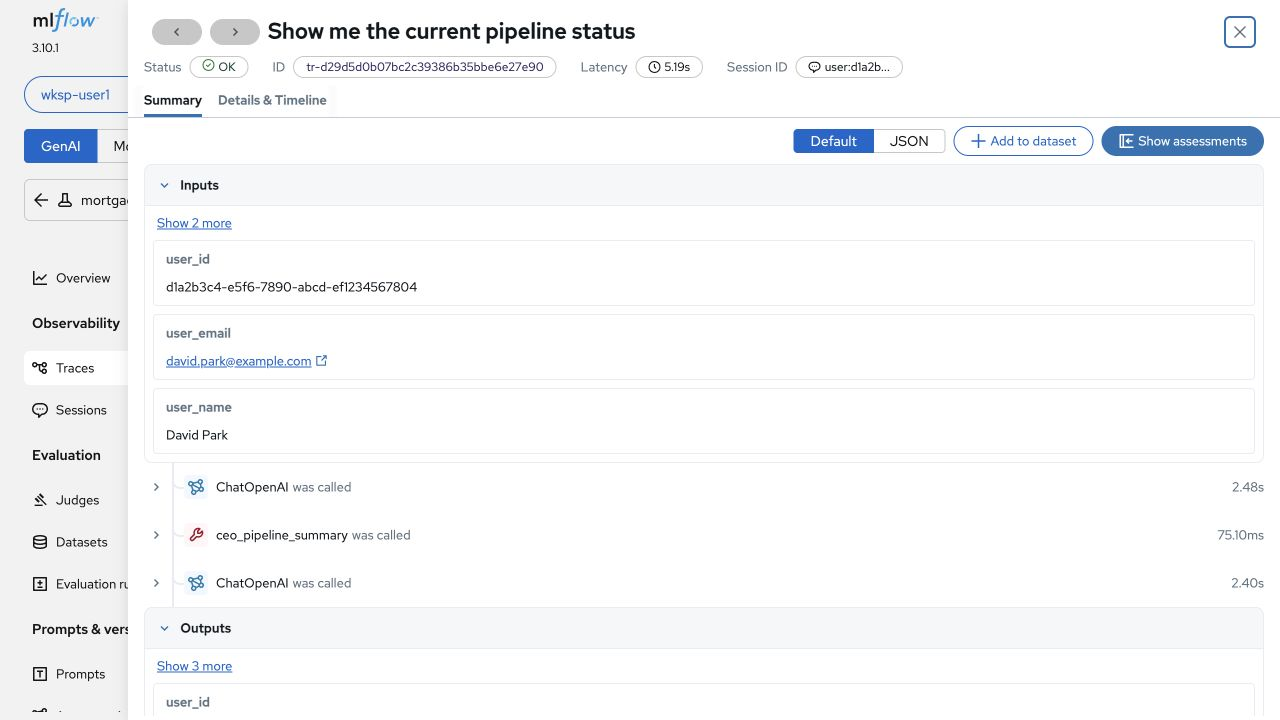 Timeline chart within MLflow breaking down a request into three execution spans: an initial model call lasting 2.48 seconds, a ceo_pipeline_summary tool execution taking 75 milliseconds, and a second model call taking 2.40 seconds.