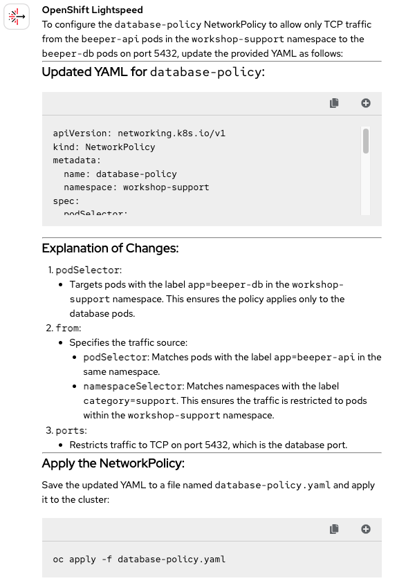 Lightspeed modifies the network policy file to restrict database traffic and provides a command to apply the YAML file.