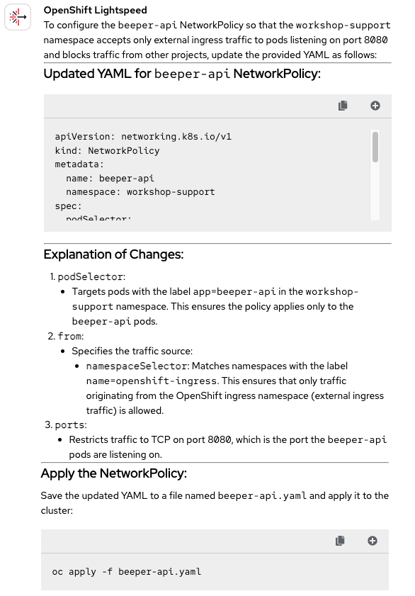 Lightspeed modifies the network policy file to accept only external ingress traffic to pods with the beeper-api label and provides a command to apply the YAML file.