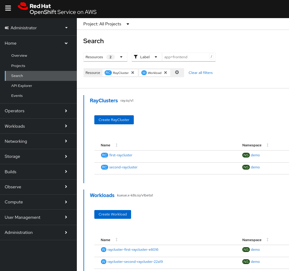 Shows two RayClusters and two corresponding Workloads in the OpenShift console