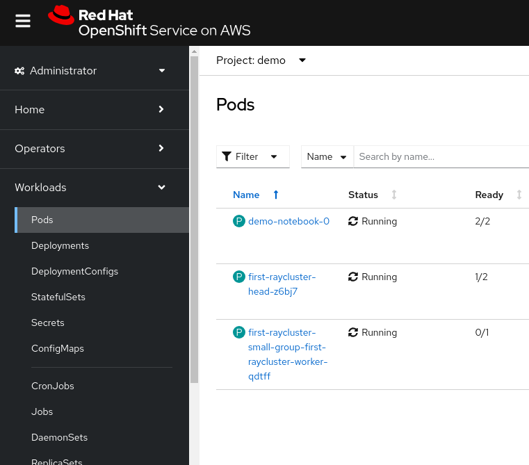 Shows the first Ray cluster’s head and worker pods running in the OpenShift console
